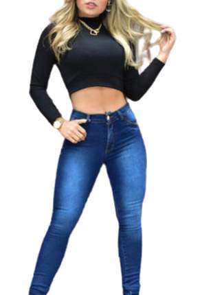 Calça jeans feminina azul basica cintura alta com lycra