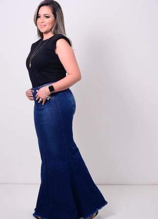 Saia longa jeans evangélica feminina recortes desfiada moda