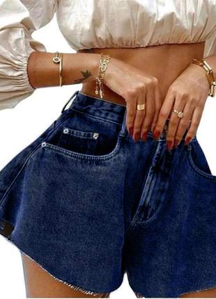 Short godê evasê flare jeans cintura alta 36 ao 44 r:1019 (azul-escuro)