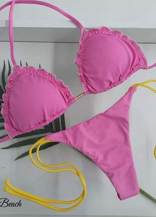 Biquíni cortininha lacinho fio – rosa e amarelo - soulbeach