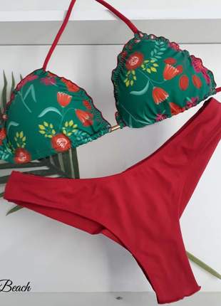 Biquíni ripple fio duplo – floral verde e vermelho - soulbeach