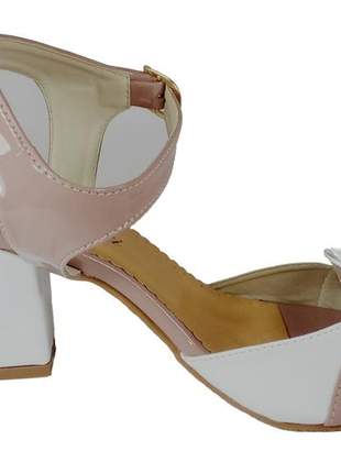 Sandália salto médio grosso branca rosa nude