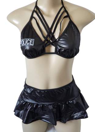 Conjunto feminino lingerie saia e top em couro resinado - policial gata - garota veneno
