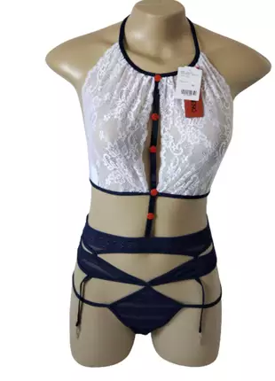 Conjunto lingerie  em renda com cinta liga - marinheira - garota veneno