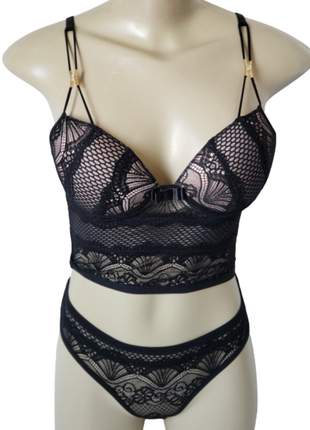 Conjunto lingerie cropped renda com tela mesh - del laras