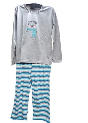 Conjunto de pijama adulto feminino em meia malha silk urso -tribo do sono