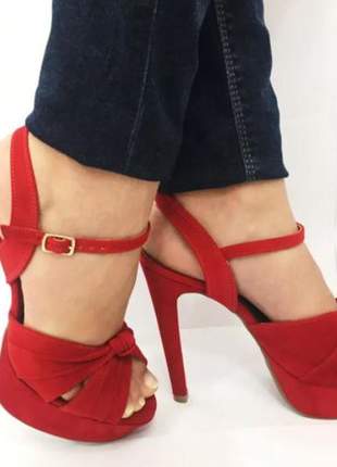 Sandália feminino salto fino meia pata vermelho drapeados
