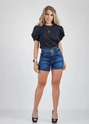 Short clochard jeans feminino com cinto cós alto 10194