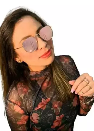 Óculos lente espelhada feminino hexagonal rosa quadrado luxo