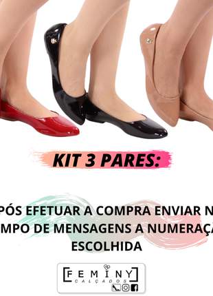Kit 3 sapatilhas femininas numeração especial tamanho grande verniz bico fino