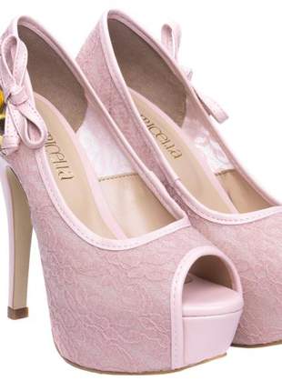 Sapatos femininos peep renda rosa com pedrarias