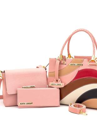 Kit bolsa castelo rosa detalhes colorida +bolsa bau + carteira