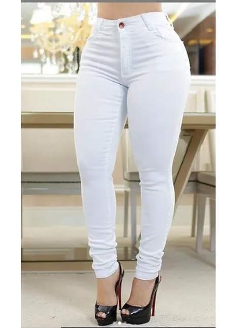 Calça jeans feminina branca levanta bumbum cós alto - R$ 109.99