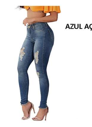 Calça jeans feminina luxo baratas cintura alta azul aço ref 001