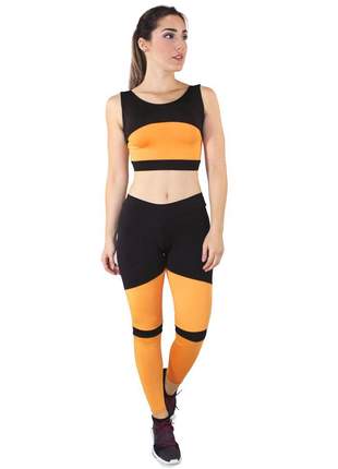 Cropped e Calça Legging Fitness GR Esporte Preto com Amarelo Feminino