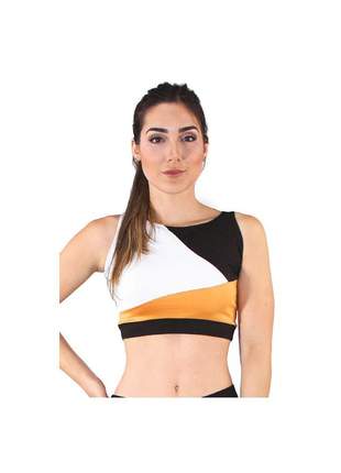 Cropped Fitness GR Esporte Preto Detalhes Branco e Amarelo Feminino