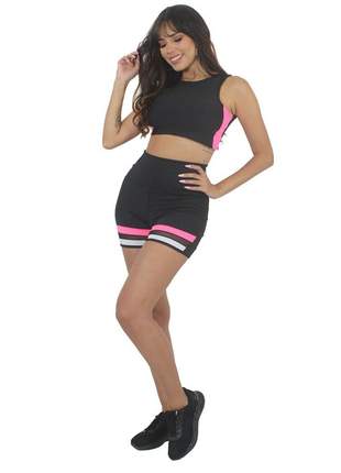 Cropped e Short Fitness GR Esporte Preto com Rosa Neon Feminino