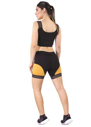 Cropped e Shorts Fitness GR Esporte Preto Detalhe Amarelo Feminino