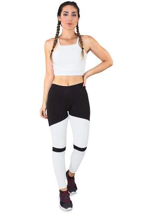 Cropped e Calça Legging Fitness GR Esporte Preto Com Branco Feminino