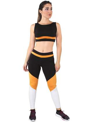 Cropped e Calça Legging Fitness GR Esporte Preto e Amarelo Feminino