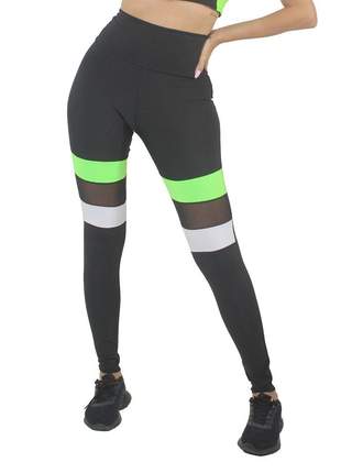 Calça Legging GR Esporte Preta e Branco Com Verde Neon e Tela Feminino