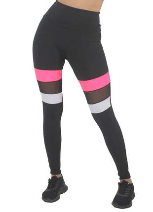 Calça Legging GR Esporte Preta e Branco Com Rosa Neon e Tela Feminino