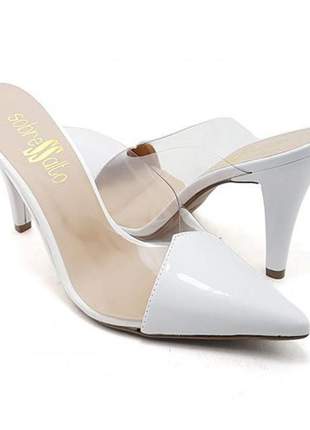 Sapato scarpin/mule feminino verniz c/vinil branco
