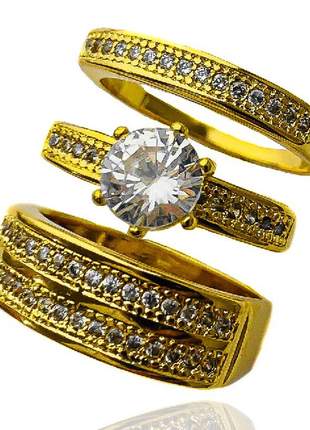 Trio de anéis cravejado e dourado