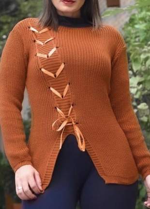 Blusa de frio feminina tricô com laço moda blogueira tendência