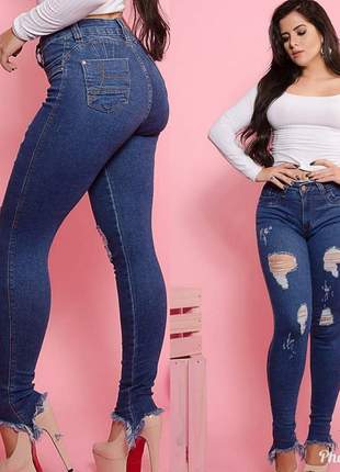 Calça jeans feminina estilo pitbull rasgada levanta bumbum