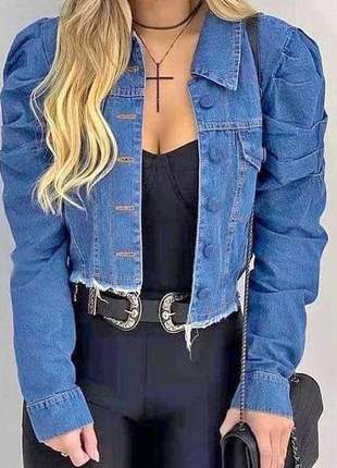 Jaquetinha manga bufante clara jeans feminina da moda manga princesa, cor azul claro