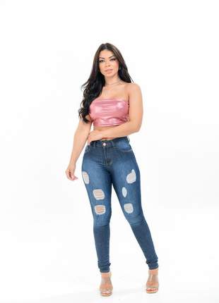Calça jeans super oferta cintura alta com lycra rasgadinha