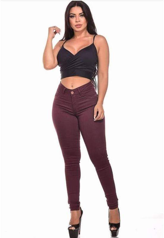 Calça jeans feminina vinho cós alto modeladora - R$ 99.99, cor
