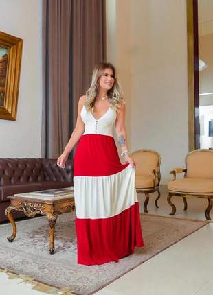 Vestido longo bicolor de viscose soltinho vermelho