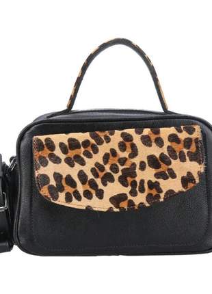 Bolsa feminina couro preto com onça blogueira lili alça transversal