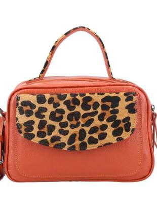 Bolsa feminina couro laranja com onça blogueira lili alça transversal