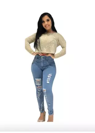 Calça jeans feminina rasgada skinny cós alto lycra 7129
