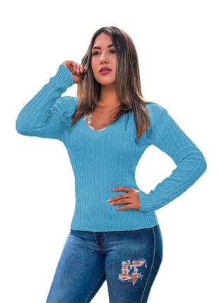 Blusa cardigan tricot trançadinho feminina ref:983(azul-claro)