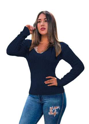 Blusa cardigan tricot trançadinho feminina ref:983(azul-marinho)