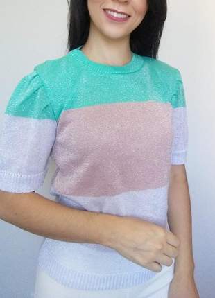 Blusa tricô luréx colorida manga bufante