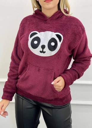Blusa pelúcia panda moda feminina quentinha com capuz lã