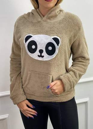 Blusa pelúcia panda moda feminina quentinha com capuz lã