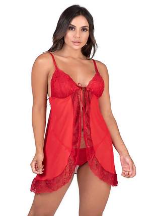 Camisola rendada sensual em tule com calcinha sem bojo vermelha