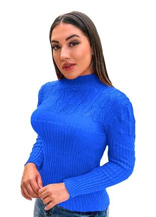Blusa suéter tricot cardigan detalhada gola alta r:989 (azul-aço)