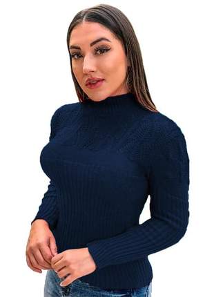 Blusa suéter tricot cardigan detalhada gola alta r:989 (azul marinho)