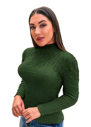 Blusa suéter tricot cardigan detalhada gola alta r:989 (verde escuro)