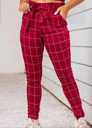 Calça xadrez  bengaline clochard cintura alta skinny com  laço quadriculada moda blogueira