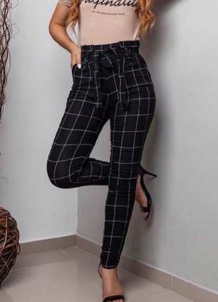 Calça xadrez  bengaline clochard cintura alta skinny com  laço quadriculada moda blogueira