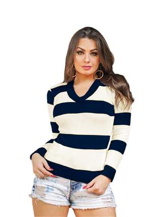 Blusa tricô tricot listrada feminina suéter gola v ref:954(azul-marinho)