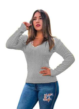 Blusa cardigan tricot trançadinho feminina ref:983(cinza)
